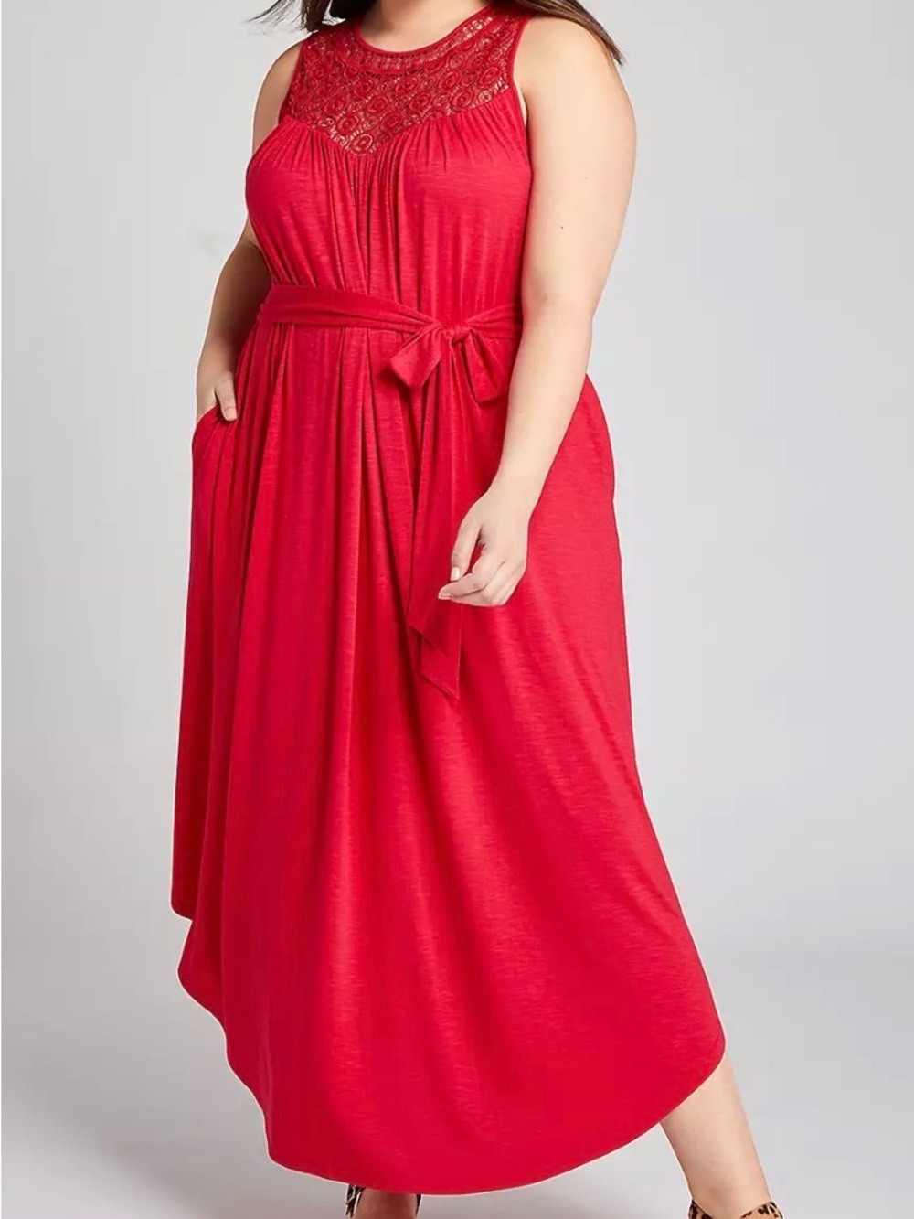 Lane Bryant Womens Maxi Dress Size 18/20 Sleeveless Crochet Yoke Fit & Flare Red